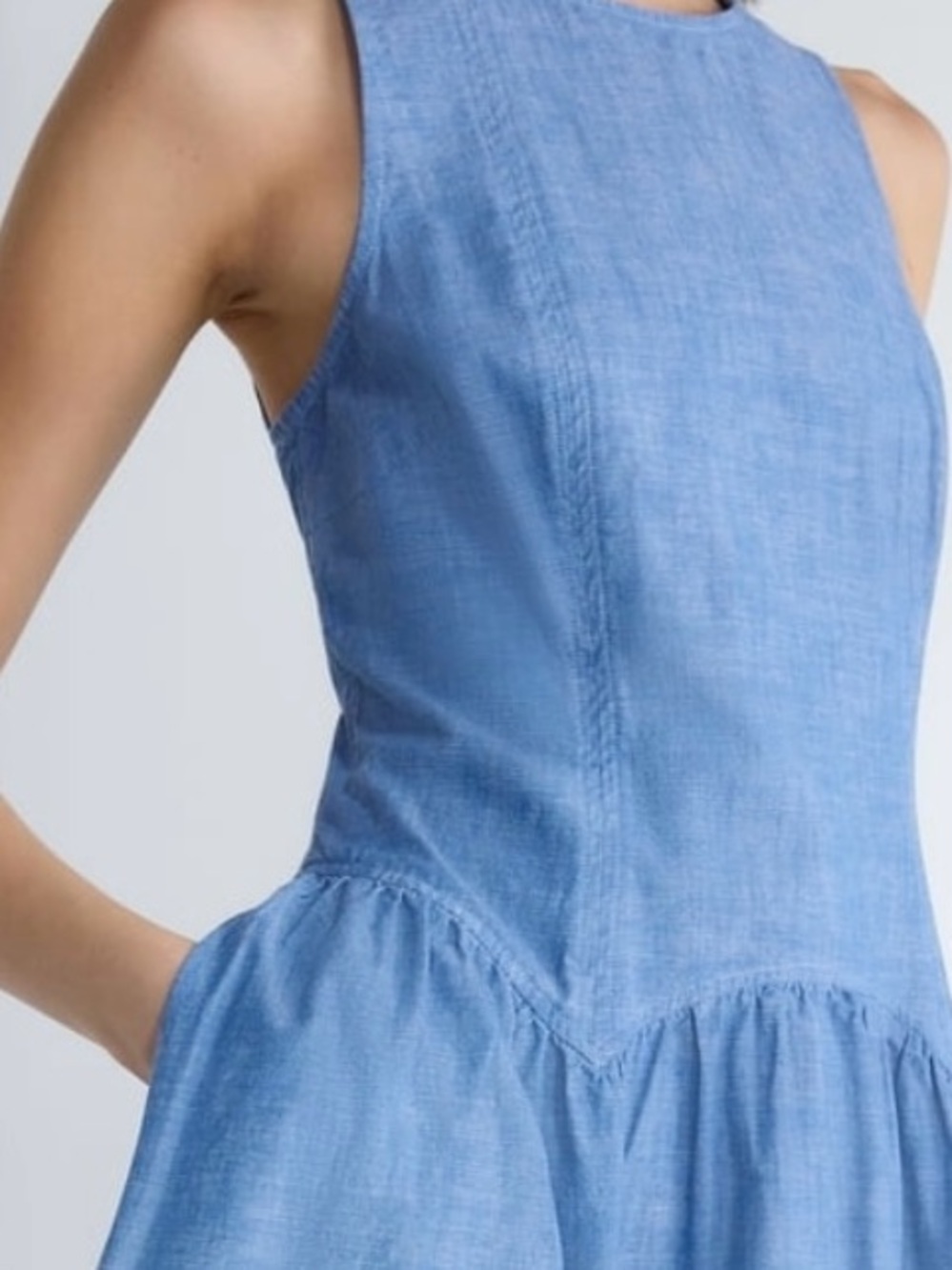 Sleeveless Light Blue Midi Dress with Gathered Waist - Picture 3 of 9